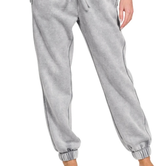 New Zenana Acid Wash Fleece Drawstring Sweatpants Grey Pockets Joggers - Picture 3 of 4